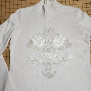 Coldwater Creek Ivory Embroidered Doves Sweater Metallic Silver XS 3028373